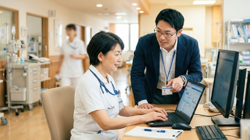 医療現場でスタッフにIT支援を行っている様子