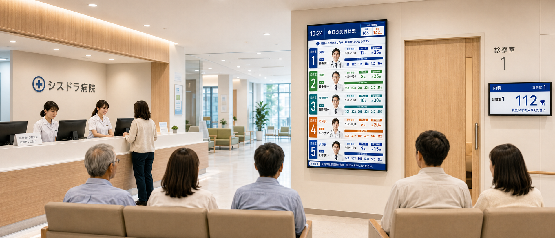 シスドラ病院の待合に設置された受付モニタと診察室前の呼込モニタのイメージ