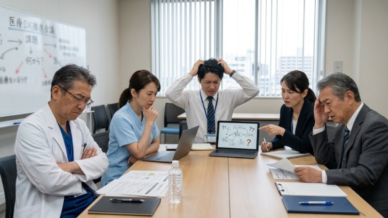 医療DXの課題を話し合う医療関係者のイメージ