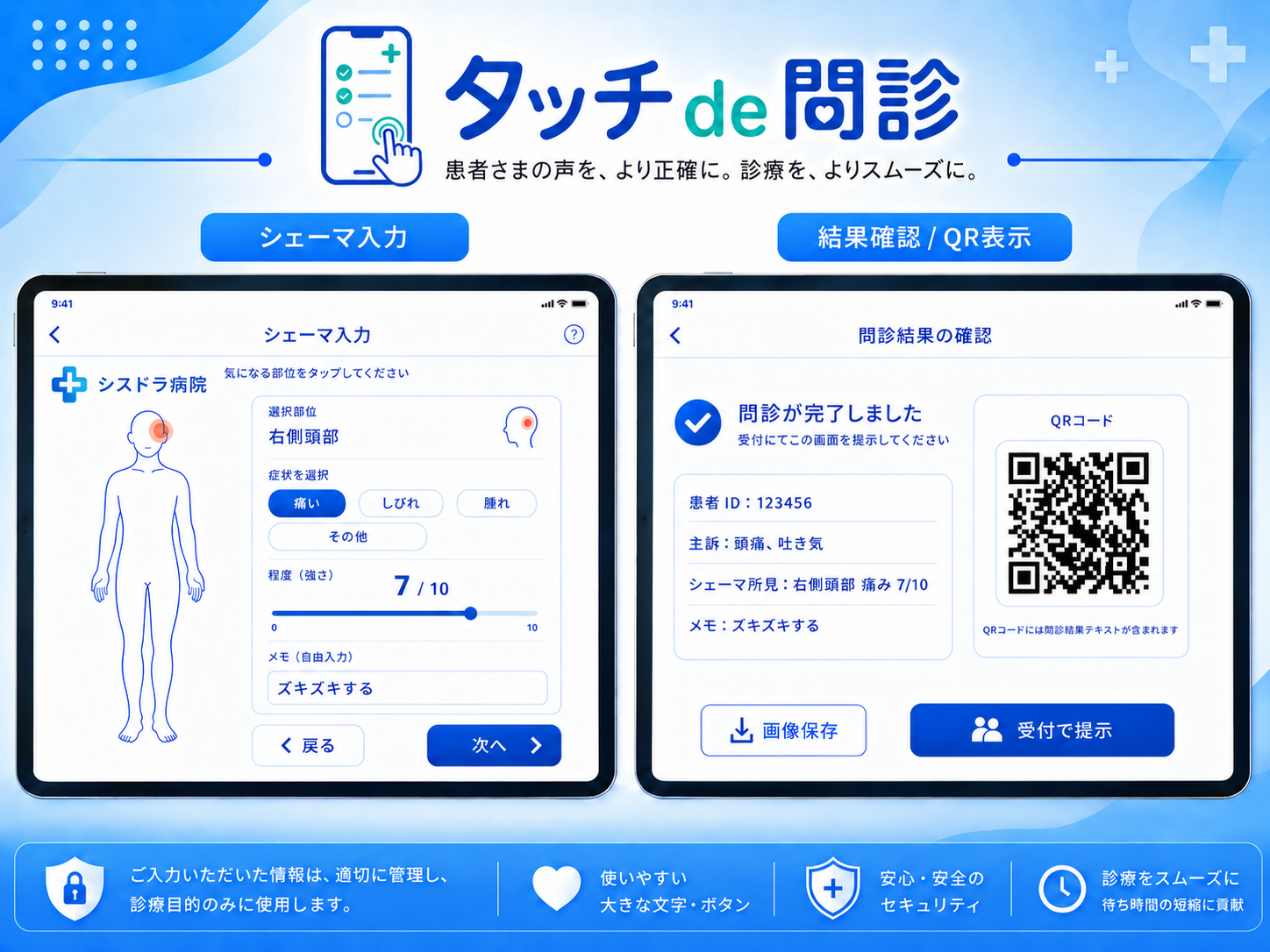 タッチde問診のシェーマ入力とQR表示の詳細画面